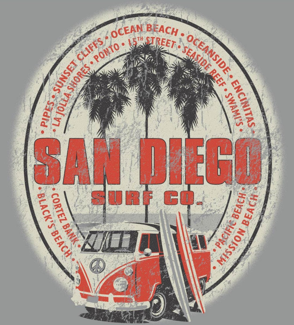 Vintage-style graphic of a van, surfboard, and palm trees with 'San Diego Surf Co.' text on a gray background.