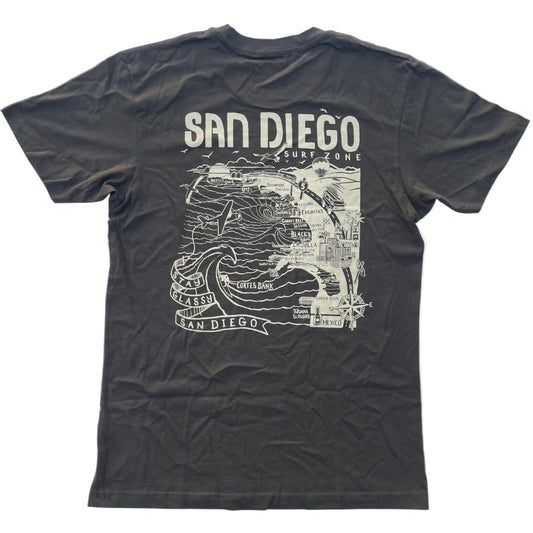 A black t-shirt with the San Diego Surf Co. logo on the front and a map of San Diego on the back.