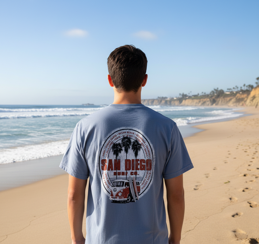 Grey t-shirt with a 'San Diego' graphic featuring a van and palm trees on the back.