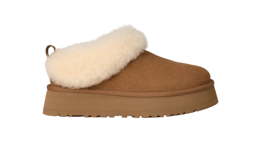 Brown slipper with white fur lining on a light gray background