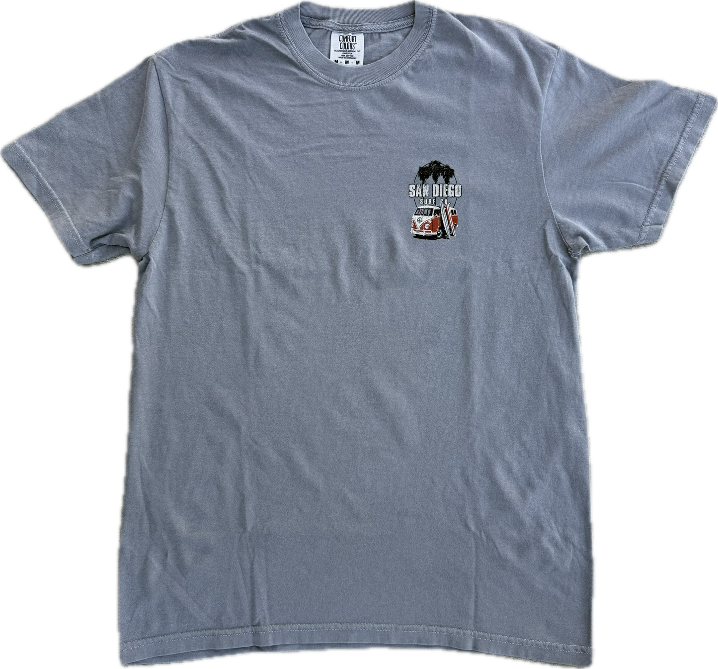 Gray t-shirt with a small graphic on the chest against a white background