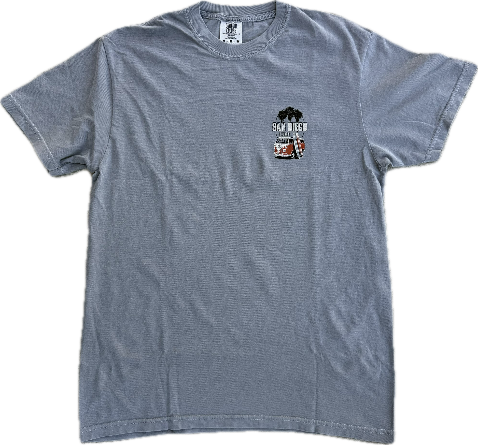 Gray t-shirt with a small graphic on the chest against a white background