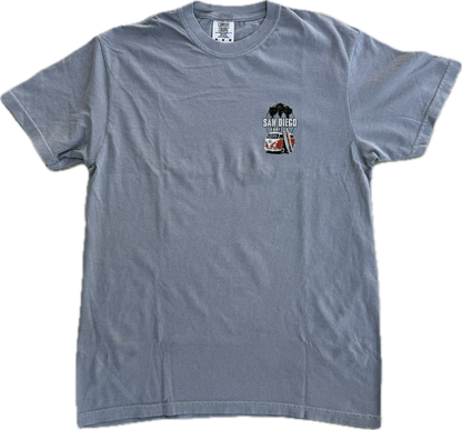 Gray t-shirt with a small graphic on the chest against a white background