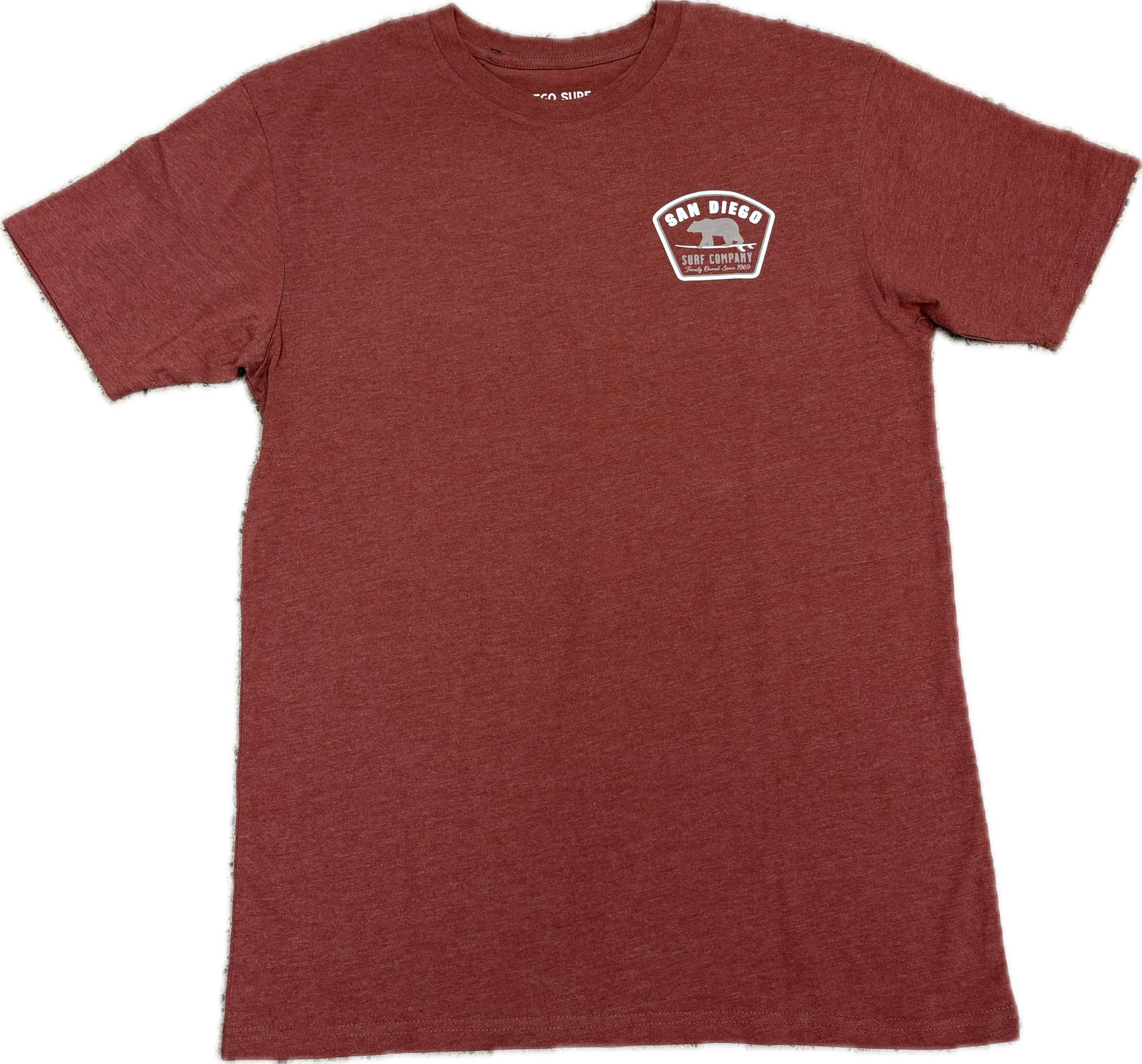 Red t-shirt with a logo on the chest against a white background