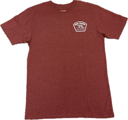 Red t-shirt with a logo on the chest against a white background
