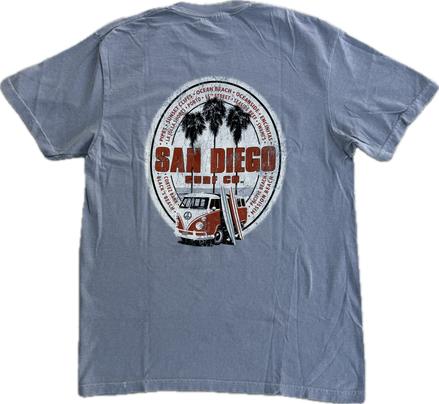 Grey t-shirt with a 'San Diego' graphic featuring a van and palm trees on the back.
