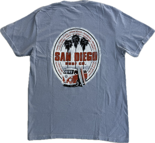 Grey t-shirt with a 'San Diego' graphic featuring a van and palm trees on the back.