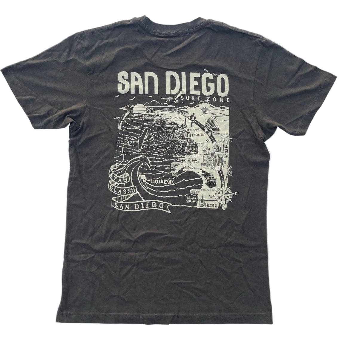 A black t-shirt with the San Diego Surf Co. logo on the front and a map of San Diego on the back.