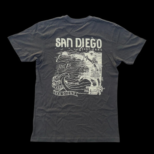 A black t-shirt with the San Diego Surf Co. logo on the front and a map of San Diego on the back.