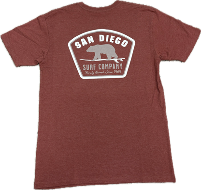 Red t-shirt with 'San Diego Surf Company' logo on the back against a white background
