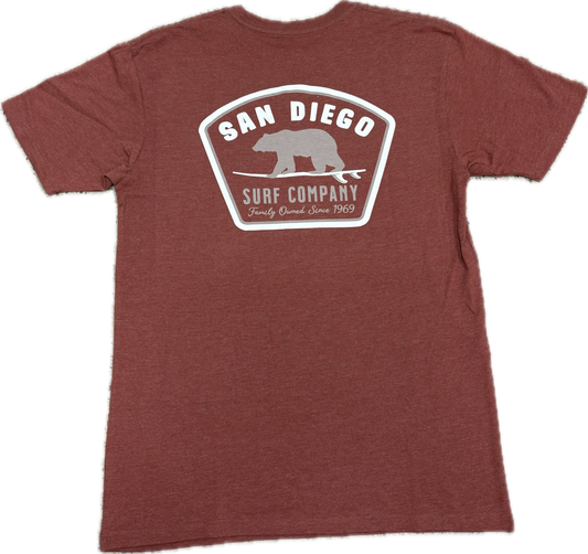 Red t-shirt with 'San Diego Surf Company' logo on the back against a white background